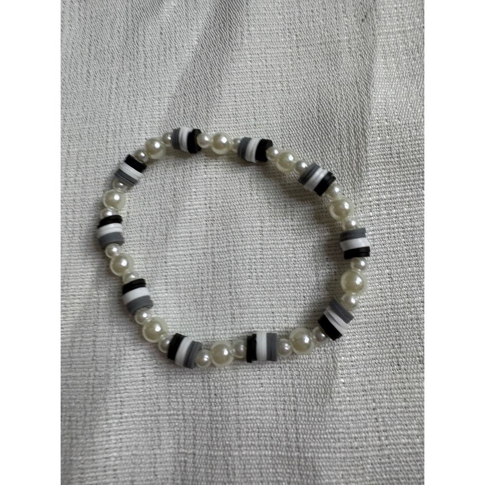 Handmade Monochrome Heishi Clay Bead and Faux Pearl Stretch Bracelet Black Grey